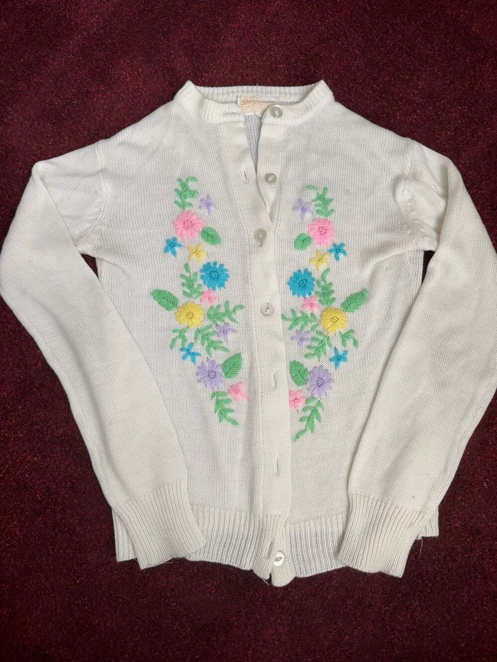Vintage Parisienne Hand Embroidered Floral Cardigan Sweater- kids xl women s
